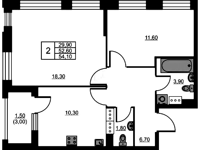 2-комнатная квартира 54.1 м², 13/13 эт., ЖК «Тайм Сквер»